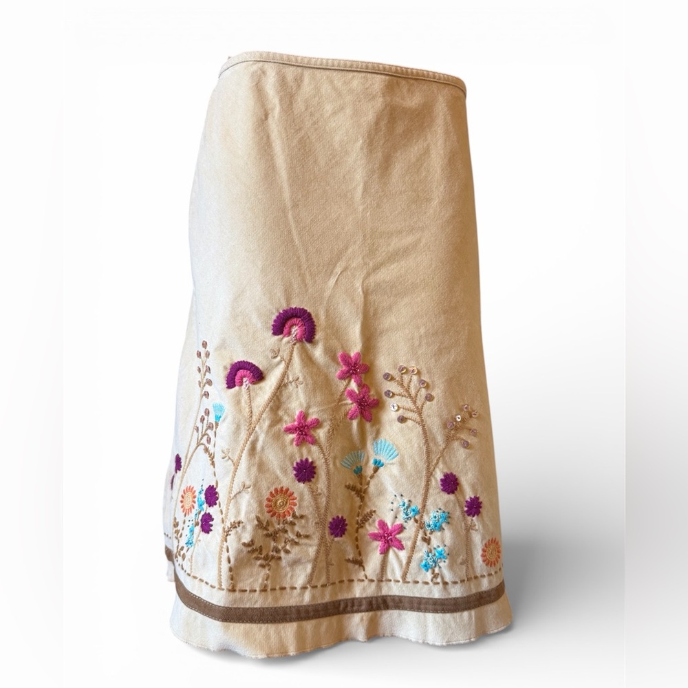 Cotton velvet midi knee length Floral Embroidered Cream Skirt cabincore